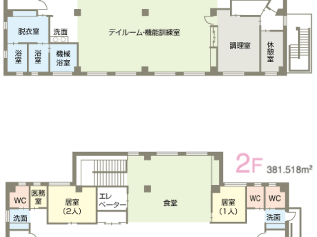 施設の階層図 内観 1階と2階のフロア配置が一目でわかる設計です。各エリアの役割が明確に示されています。