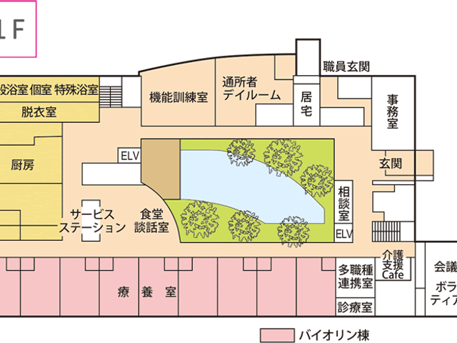 広々とした1階の見取り図 内観 利用者の多様なニーズに応えるための充実した設備が揃っています。快適な生活空間が広がっています。