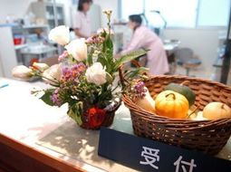 受付の花と果物籠