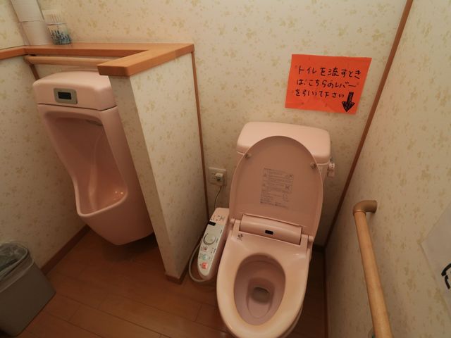 トイレ設備 トイレ 安全と使いやすさを考慮したトイレです。手すりがあり、座ってのご使用も立ってのご使用もサポートされます。