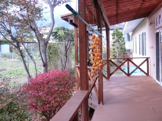 木々と花が咲く施設の廊下