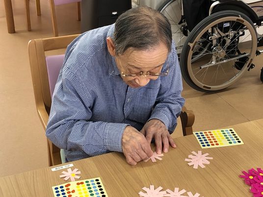 紳士がカラフルな花並べを楽しむ様子