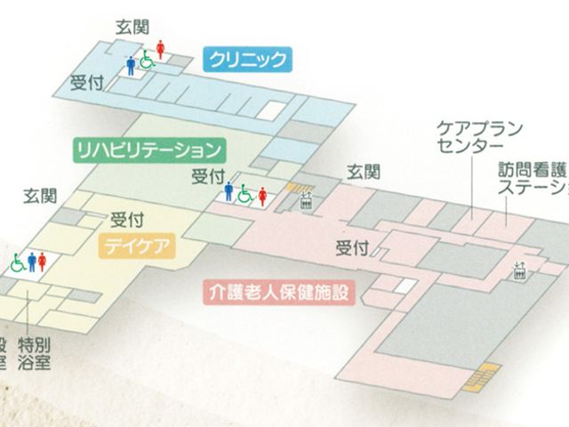 施設の間取り図 内観 施設内の各エリアの明確な配置が一目でわかる間取り図です。利用者やスタッフの動線を考慮しています。