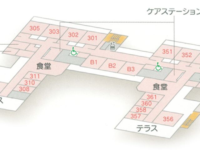 施設の平面図 廊下 共用スペースへのアクセスがしやすい構造です。各エリアへの移動が便利になっています。