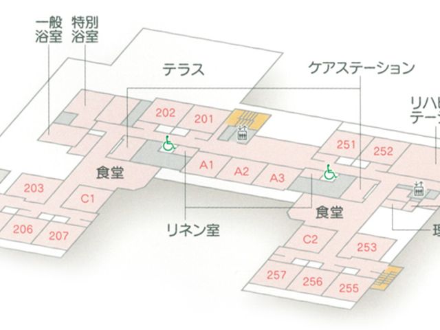 施設配置図 内観 施設全体のレイアウトが一目で分かる配置図です。各施設へのアクセスも簡潔です。