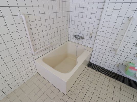白い手すり付き浴室