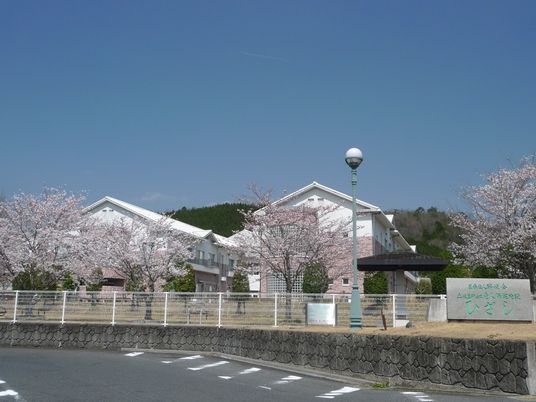 桜に囲まれた外観  