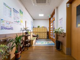 廊下に掲示物と観葉植物