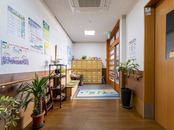 廊下に掲示物と観葉植物