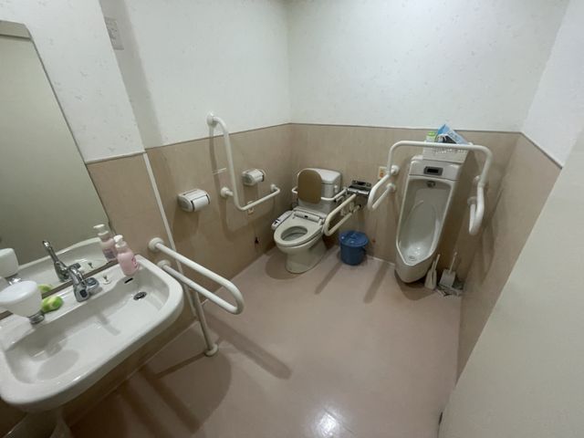 清潔なトイレ トイレ 手すりが設置された清潔で広いトイレです。利用者が安心して使用できる設備が整っています。