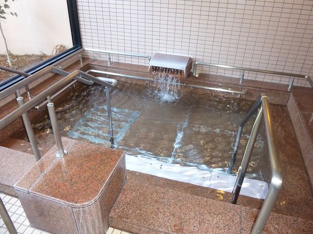 手すり付き浴槽 浴室 手すりが備わり、安全に入浴できる設備が整っています。自然光が差し込み、明るい空間です。