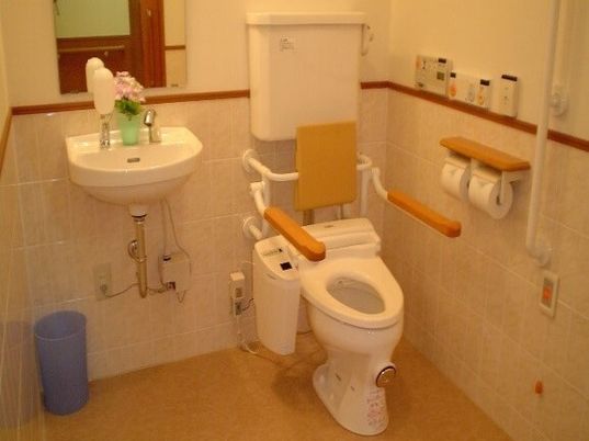 手すりや洗面台が設置されているトイレ