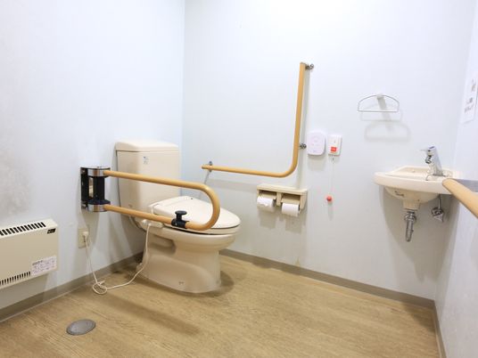 施設の写真 木目調のベージュの床と白い壁の広いトイレがある。壁には手すりがあり、便座にはひじ掛けがある。同じ室内には洗面台がある。