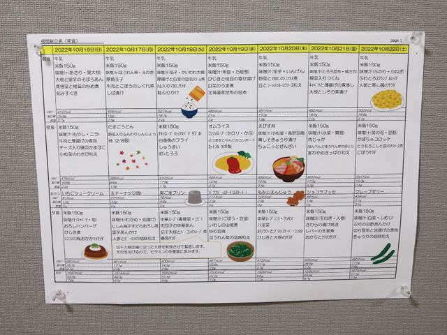 献立表の掲示物 献立表 栄養バランスを考えた手作りメニューが紹介されており、毎日の健康維持を支援する環境が整っています。
