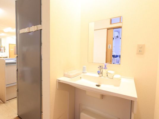 冷蔵庫横に洗面スペースがある。洗面台にはハンドソープやペーパータオルが備えられている。壁に１枚の鏡がある。