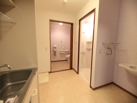 左手にキッチンがあり、その奥に洗濯機を置く場所がある。トイレと浴室があり、手前に洗面台とタオル掛けが用意されている。