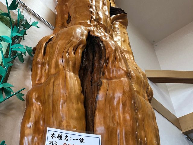 木製オブジェと説明書き 木のオブジェ 温かみのある木製の彫刻が、訪れる人々に癒しと安らぎを提供しています。美しい自然素材がぬくもりを感じさせる空間です。