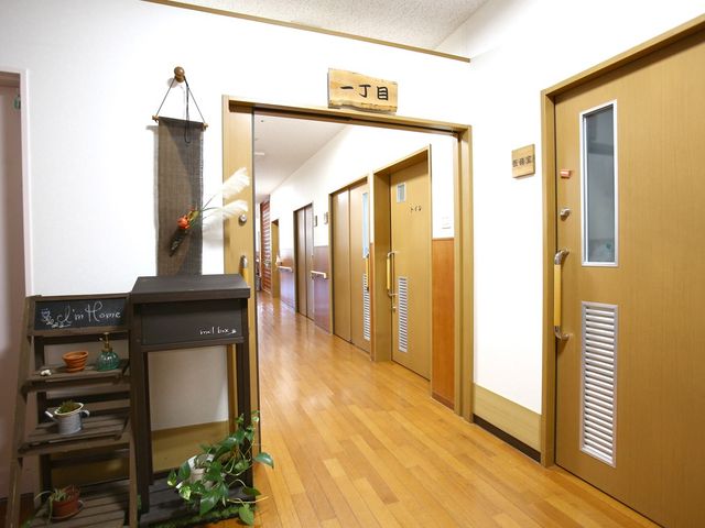 温かみある廊下 廊下 木の温もりを感じる廊下で、各部屋へのアクセスがしやすく工夫されています。植物の飾りが和やかさを演出しています。