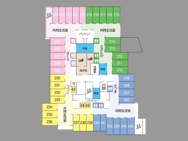部屋配置の案内図 内観 各部屋の配置が一目でわかる案内図です。共有生活室や浴室の位置も明確です。