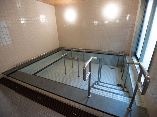 施設の写真 大きな浴槽で、一度にたくさんの人が入ることができる。浴槽の階段や周辺には、手すりが取り付けられている。