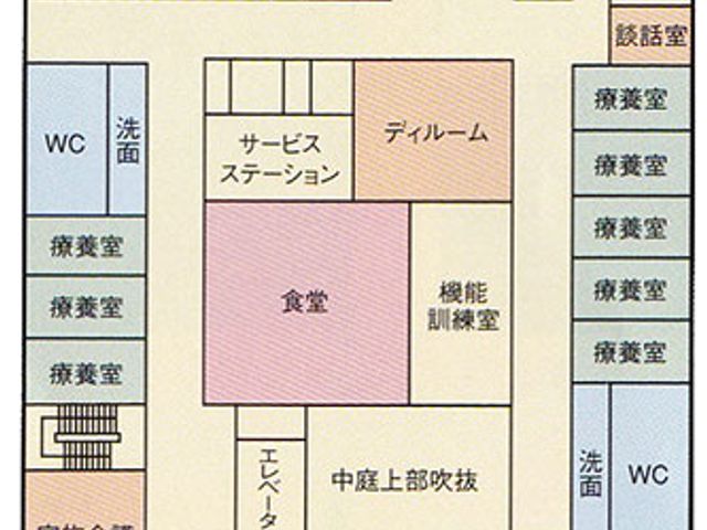 2階のフロアマップ 食堂 各部屋の配置が一望できる2階のフロアマップです。食堂を中心にサービスステーションや療養室などが配置されています。