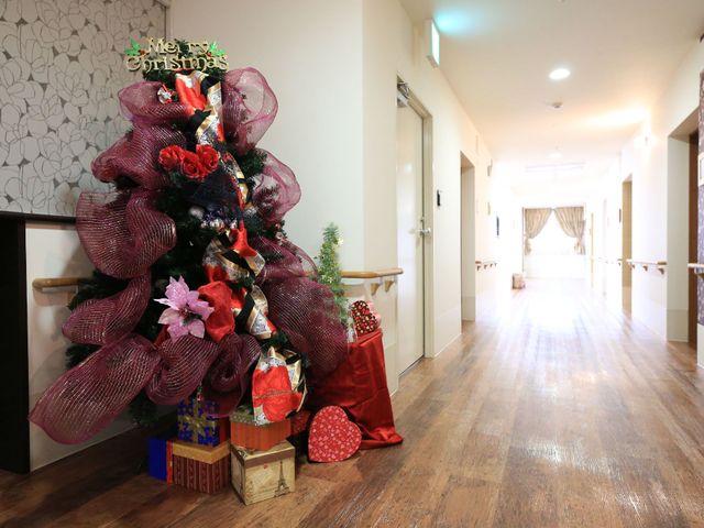廊下に飾られたクリスマスツリー 掲示物 季節感のあふれる装飾が施された廊下で、利用者様との心温まるひとときを過ごしませんか。