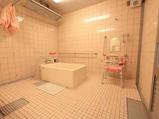 浴室の洗い場に、背もたれやひじ掛けのついた椅子が置かれている。鏡の両側には白色の手すりが設置されている。