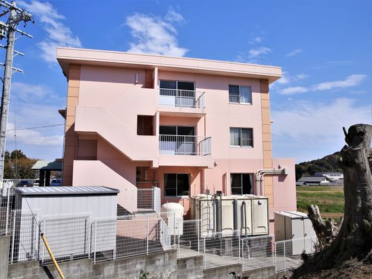 ピンクの建物外観