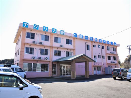 明るいピンク色の建物エントランス