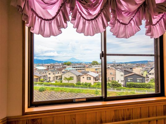紫色のカーテンが吊り上げられた窓が廊下にあり、外の景色を楽しめる。近くには住宅が並び、遠くに有名な山が見える。