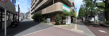 整備された歩道とビル群