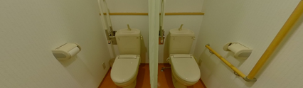手すりと清潔な洗面器の備えたトイレ